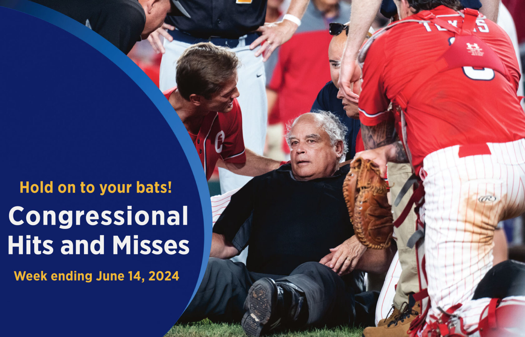 From left: Georgia Rep. Rich McCormick, who is also a physician, attends to home plate umpire Jerry Park after a collision with Rep. Morgan Luttrell, catcher for the Republicans, during the Congressional Baseball Game at Nationals Park on Wednesday.