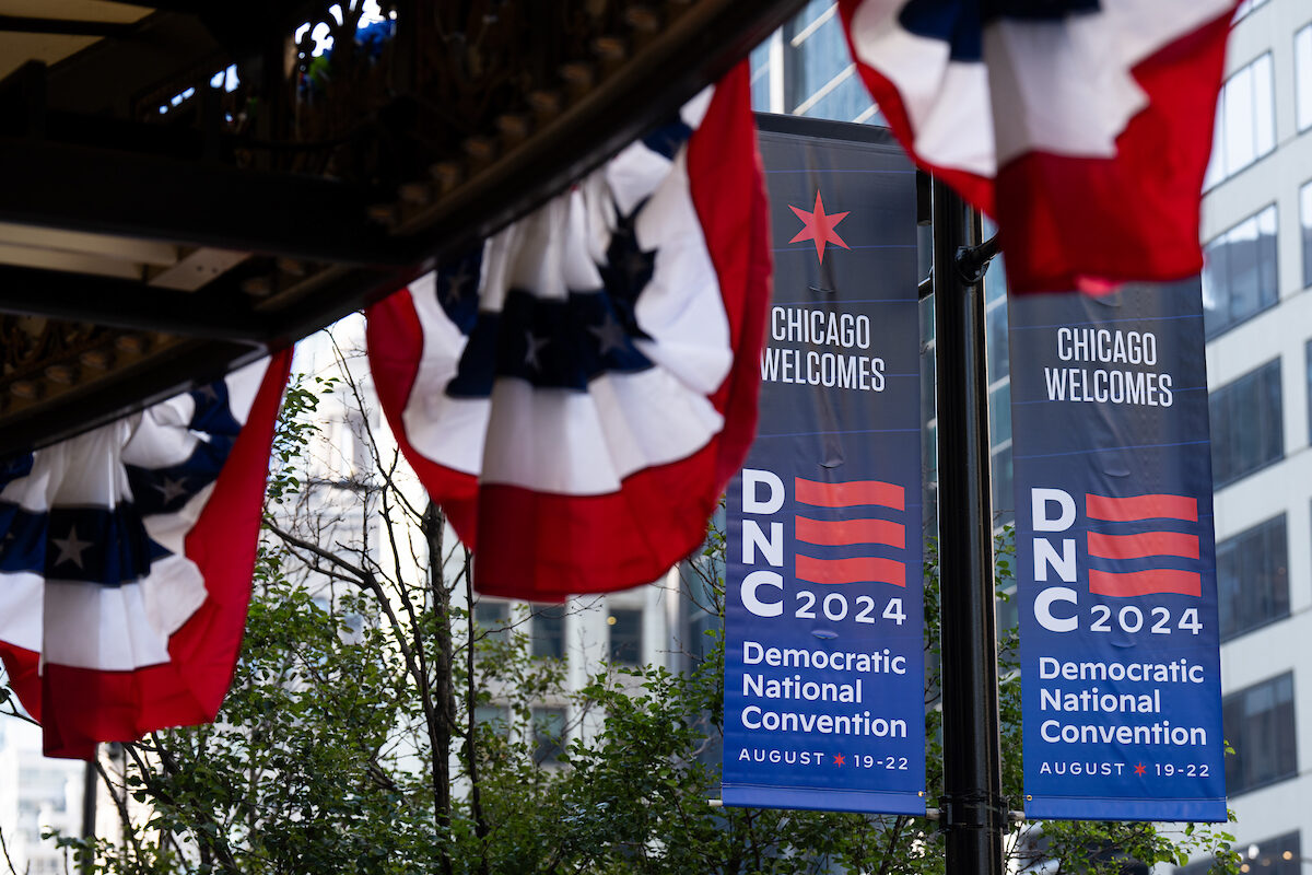 Banners and bunting decorate the outside of the InterContinental Chicago Magnificent Mile hotel as Chicago gears up for the Democratic National Convention in Chicago on Wednesday.