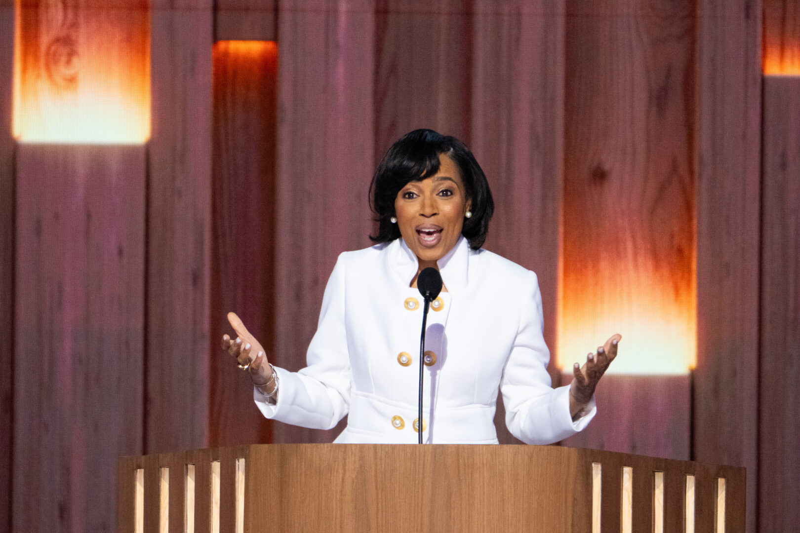 Maryland Senate candidate Angela Alsobrooks speaks during the 2024 Democratic National Convention in Chicago on Tuesday. (Bill Clark/CQ Roll Call)