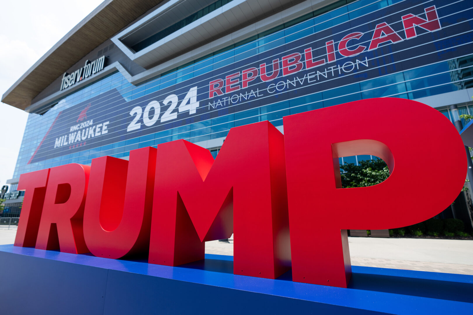 Presumptive nominee Donald Trump's name is displayed outside the Fiserv Forum before the Republican National Convention in Milwaukee on Saturday. 