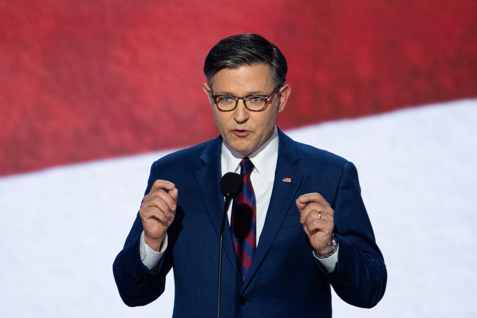 Speaker Mike Johnson, R-La., addresses the Republican National Convention in Milwaukee on Tuesday. 