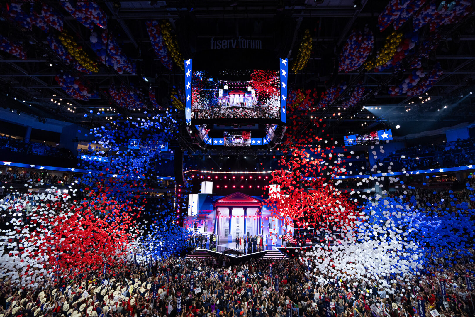 Balloons drop from the rafters after former President Donald Trump’s acceptance speech at the Republican National Convention in Milwaukee on July 18.