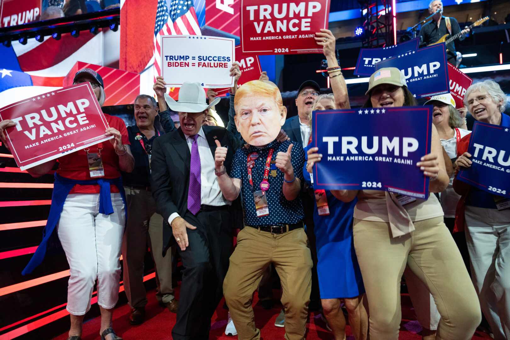 Delegates dance in the Fiserv Forum on Tuesday, the second day of Republican National Convention in Milwaukee.