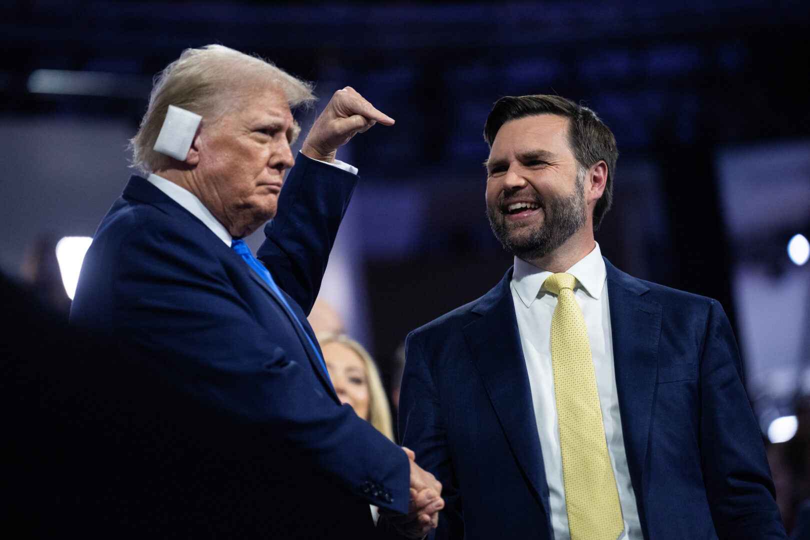 Former President Donald Trump is pictured with his running mate Sen. JD Vance, R-Ohio, at the Republican National Convention on Tuesday.