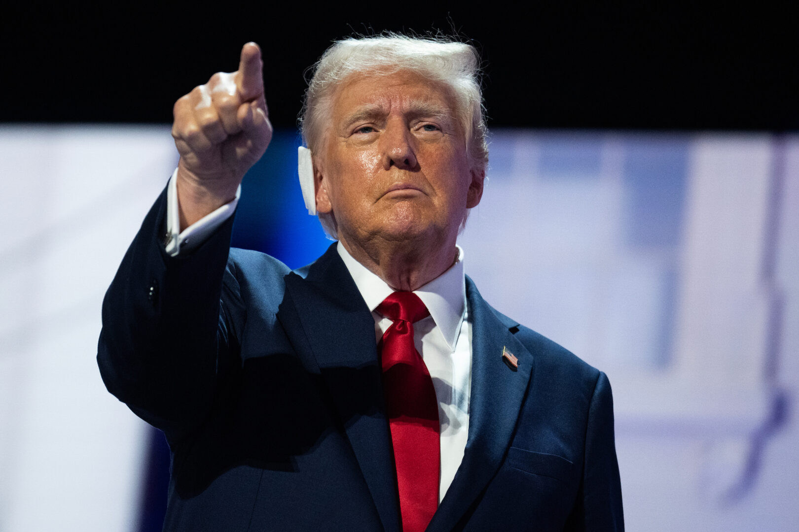 Former President Donald Trump arrives on stage in the Fiserv Forum on the last night of the Republican National Convention on July 18. 