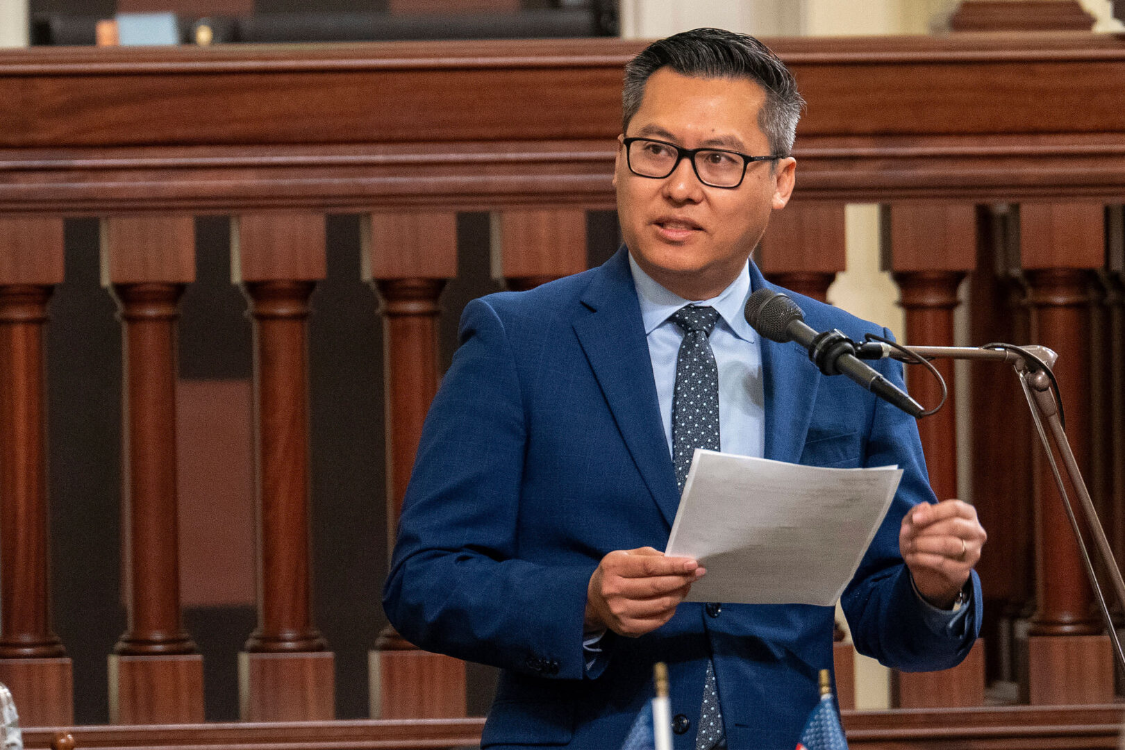 Republican Vince Fong speaks in the California Assembly on April 11. 