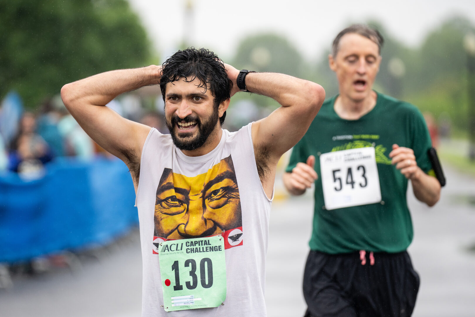 Texas Democratic Rep. Greg Casar crosses the finish line at the ACLI Capital Challenge 3-mile race in Washington on Wednesday.