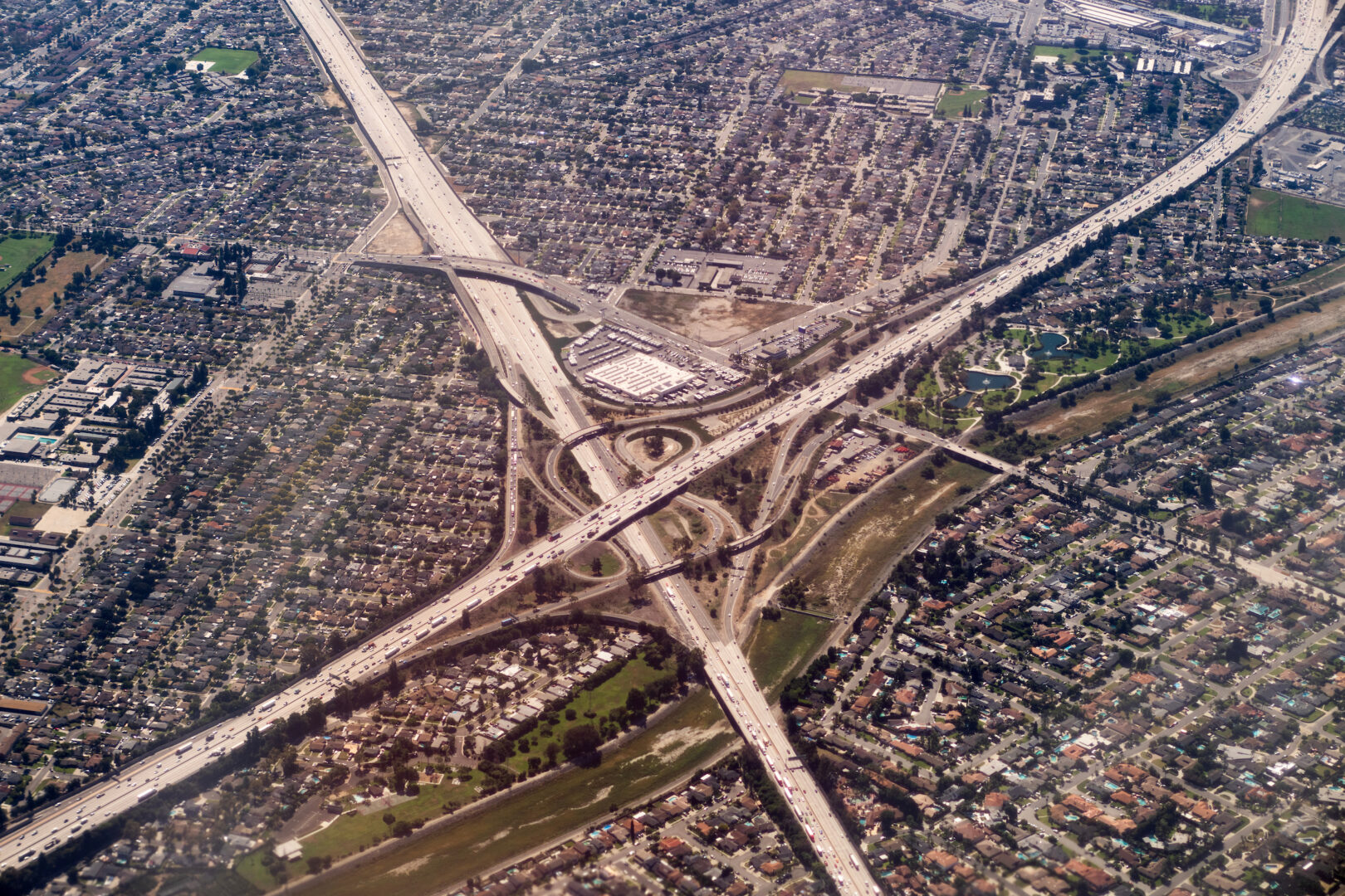 The Interstate 5 and Interstate 605 interchange is seen on descent to Los Angeles International Airport.