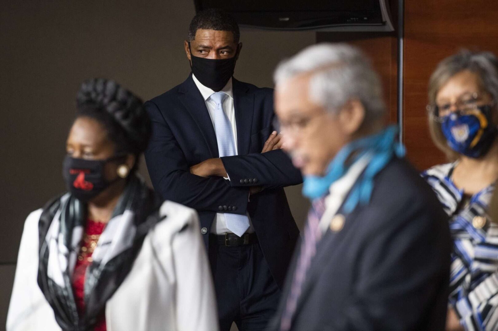 From left, Reps. Sheila Jackson Lee, D-Texas, Cedric Richmond, D-La., Bobby Scott, D-Va., and Robin Kelly, D-Ill., conduct a news conference with members of the Congressional Black Caucus on steps to combat institutional racism in the Capitol Visitor Center on July 1, 2020.