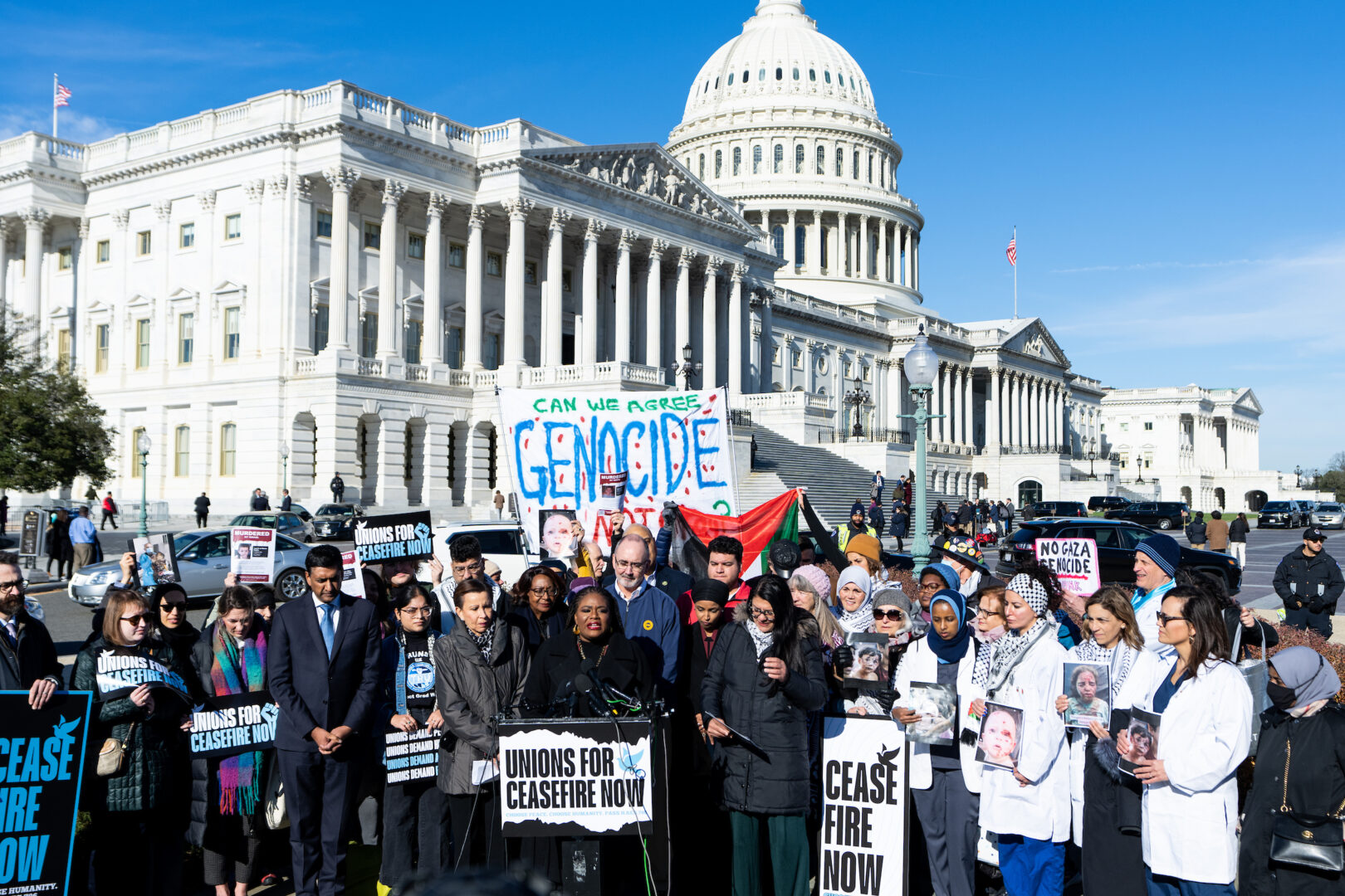 Rep. Cori Bush, D-Mo., speaks during a press conference with union leaders and supporters of a cease-fire in Gaza  on Dec. 14, 2023.