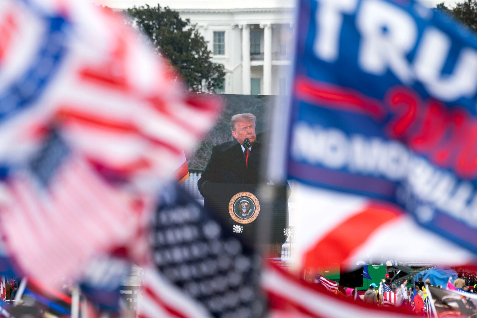 Former President Donald Trump is seen here speaking to supporters from the Ellipse at the White House on Jan. 6, 2021.