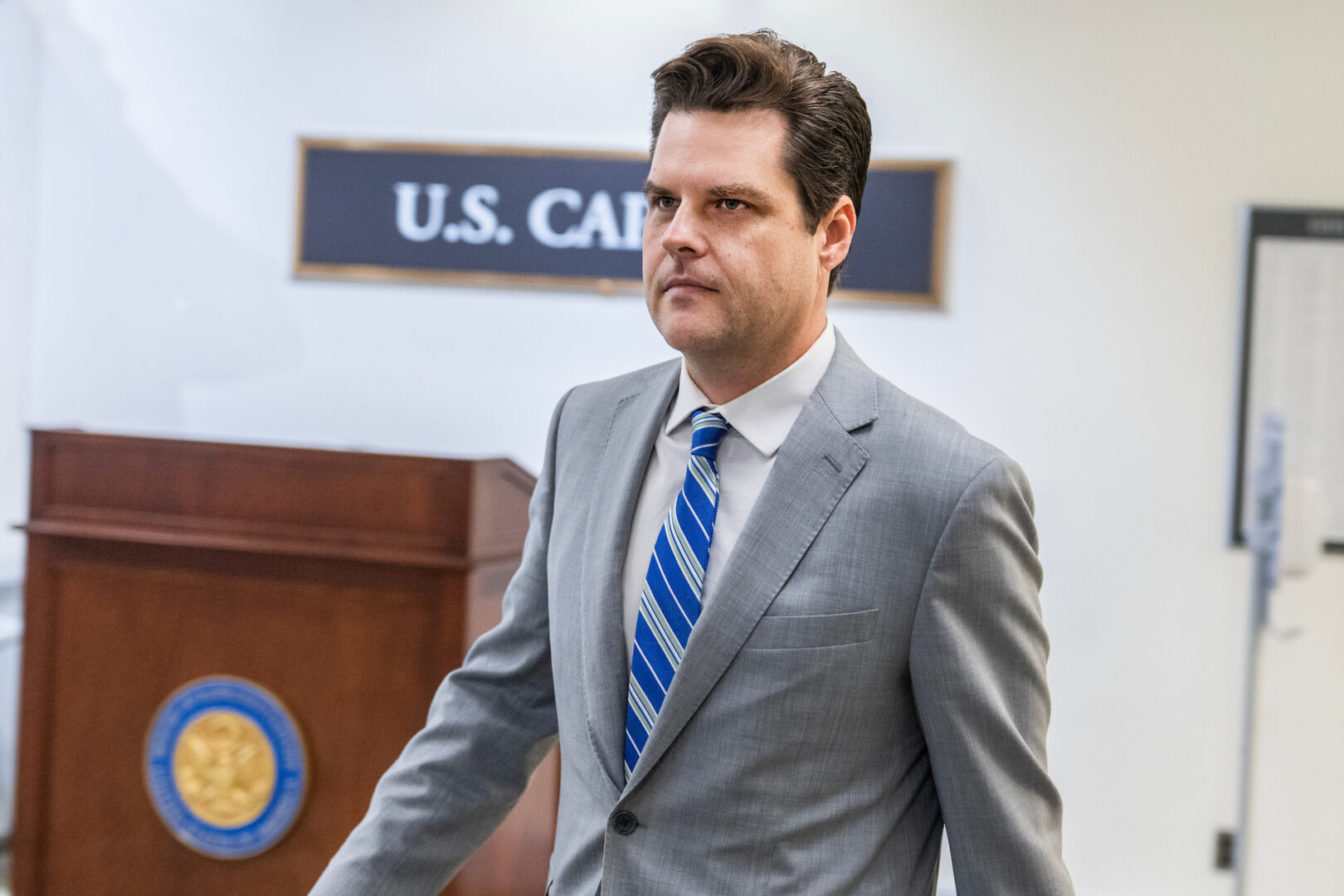 Rep. Matt Gaetz, R-Fla., walks through the Capitol basement  on Sept. 12, 2023 after calling Speaker of the House Kevin McCarthy, R-Calif., “out of compliance" with an agreement he made with members of the Republican conference to win the speakership. (Tom Williams/CQ Roll Call)