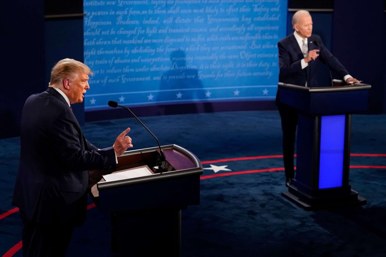 President Donald Trump and former Vice President Joe Biden speak during the first presidential debate at the Health Education Campus of Case Western Reserve University in Cleveland.