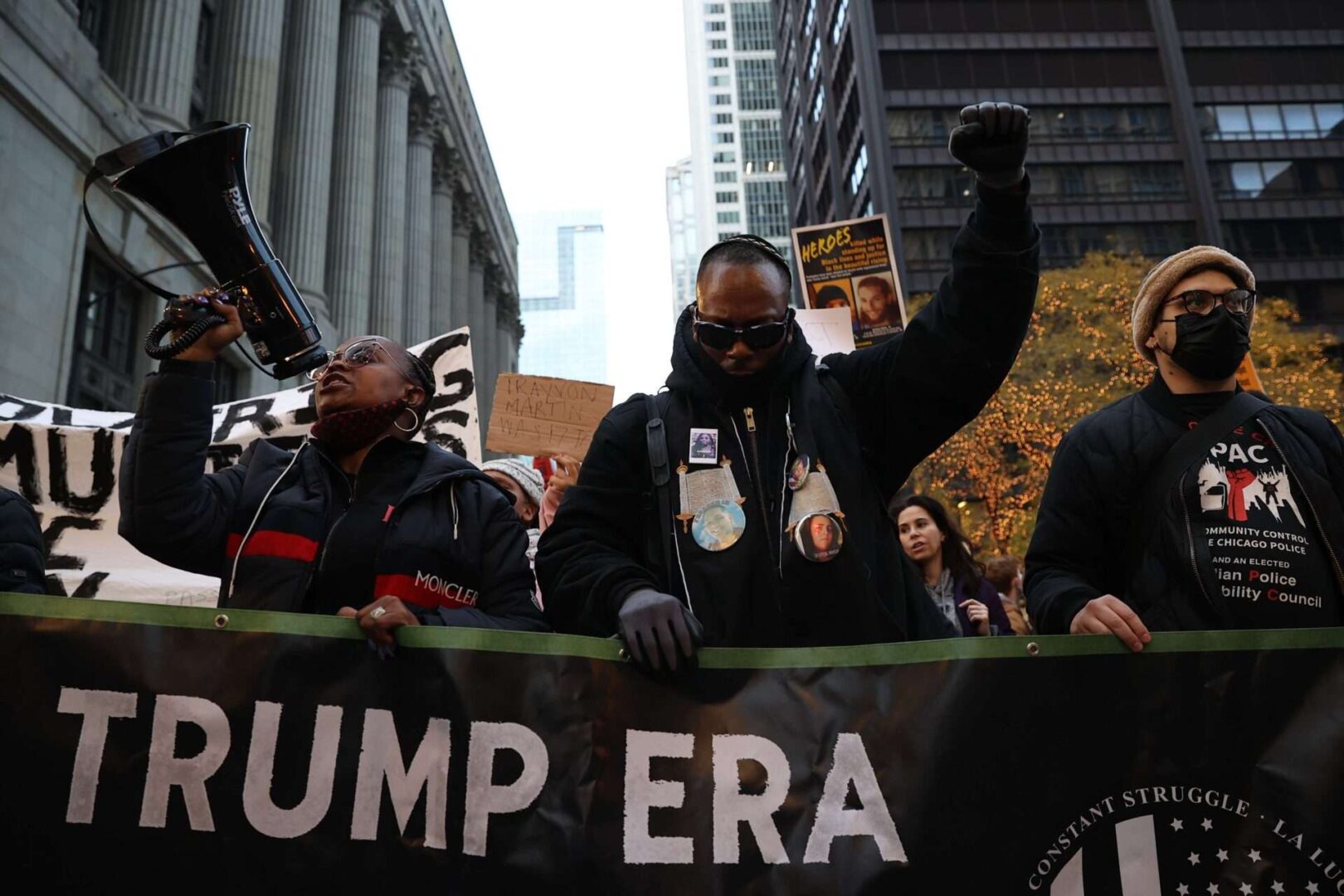 Hundreds are gathered at the Federal Plaza and take streets to protest after Kyle Rittenhouse verdict in Chicago, Illinois, United States.