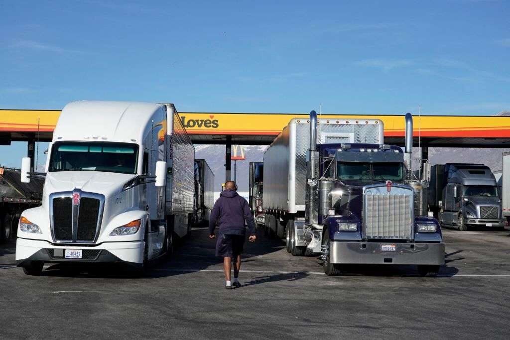 Trucks fuel up at the Love's Truck Stop in Springville, Utah, on Dec. 1, 2021.