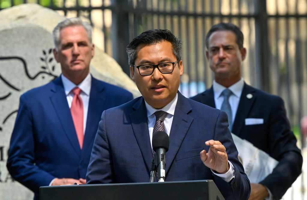 California state Assemblymember Vince Fong, a Republican from Bakersfield, appears with then-House Speaker Kevin McCarthy, left, at a news conference in Santa Ana, Calif., on June 16, 2023. 