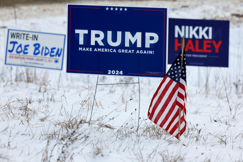 Campaign signs for Republican presidential candidates Donald Trump and Nikki Haley beside a sign asking voters to write in President Joe Biden before the recent New Hampshire primary. (Photo by Chip Somodevilla/Getty Images)