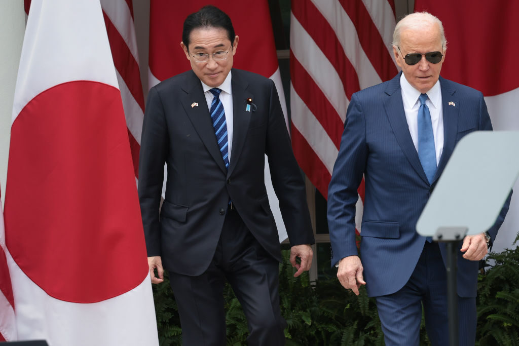 President Joe Biden and Japanese Prime Minister Fumio Kishida arrive for a joint press conference at the White House on April 10.