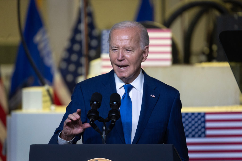 President Joe Biden speaks at Gateway Technical College’s iMet Center on May 8 in Sturtevant, Wis.