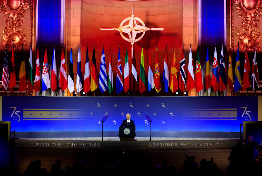 President Joe Biden delivers remarks during a summit to mark NATO's 75th anniversary at the Andrew Mellon Auditorium on Tuesday in Washington.