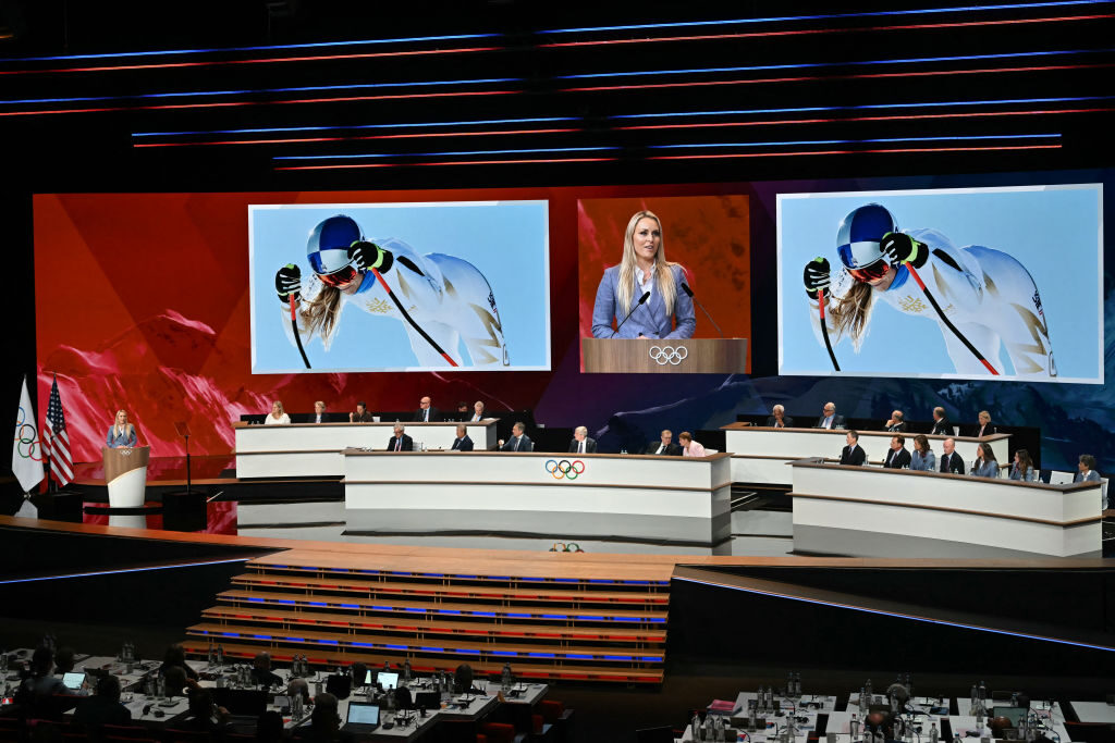 Former U.S. alpine skiing champion Lindsey Vonn speaks during the Salt Lake City bid for the 2034 Winter Games during the 142nd session of the International Olympic Committee on July 24. 