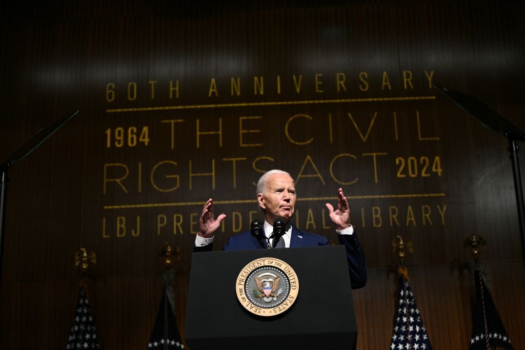 President Joe Biden spoke Monday about Supreme Court policies during a commemoration of the 60th anniversary of the Civil Rights Acts at the Lyndon B. Johnson Presidential Library in Austin, Texas. 