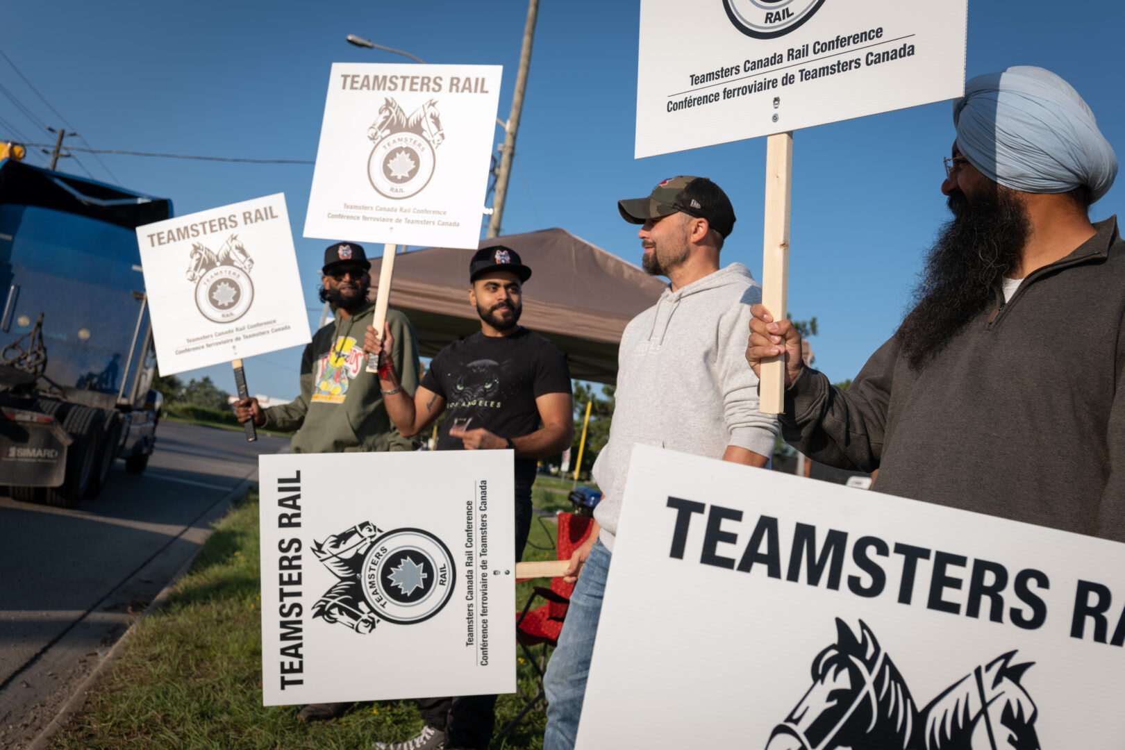 Locked out railway workers outside of the CN Rail Brampton yard on Thursday in Brampton ON, Canada.