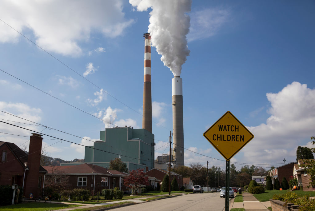 A view of the smoke stack of the Cheswick coal-fired power plant on Oct. 26, 2017 in Springdale, Penn. 