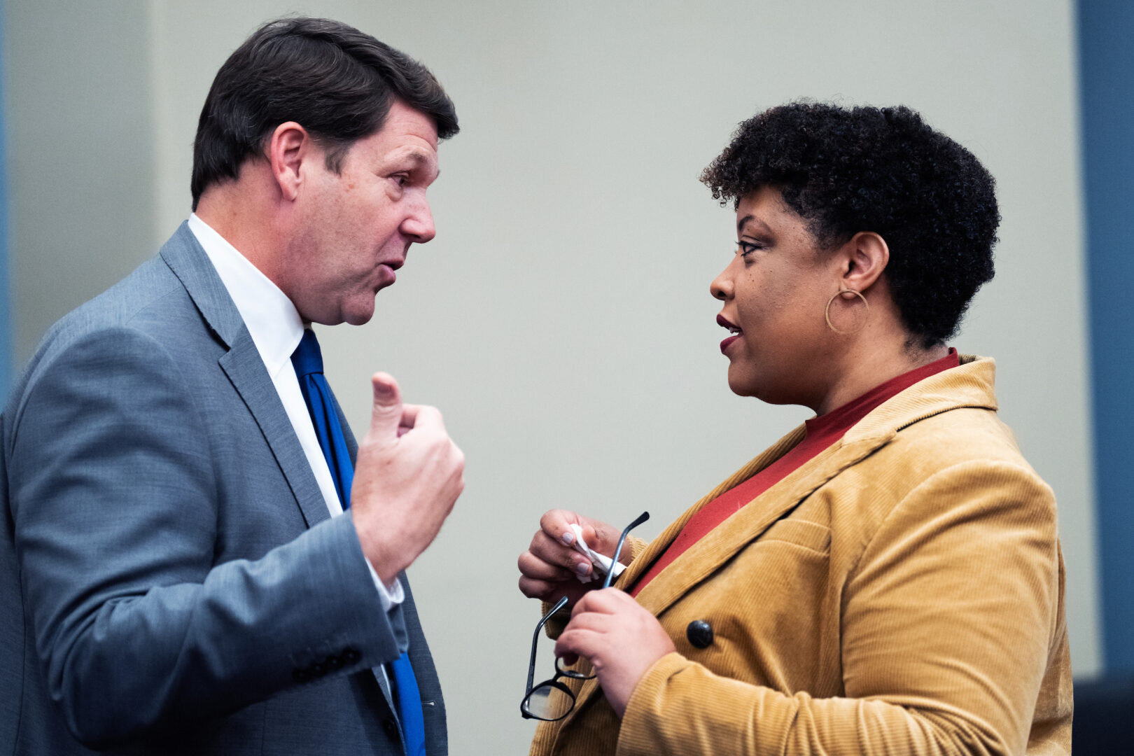 House Budget Chairman Jodey C. Arrington, R-Texas, and Office of Management and Budget Director Shalanda Young, talk before a March 21 House Budget Committee hearing on the president's budget request. 