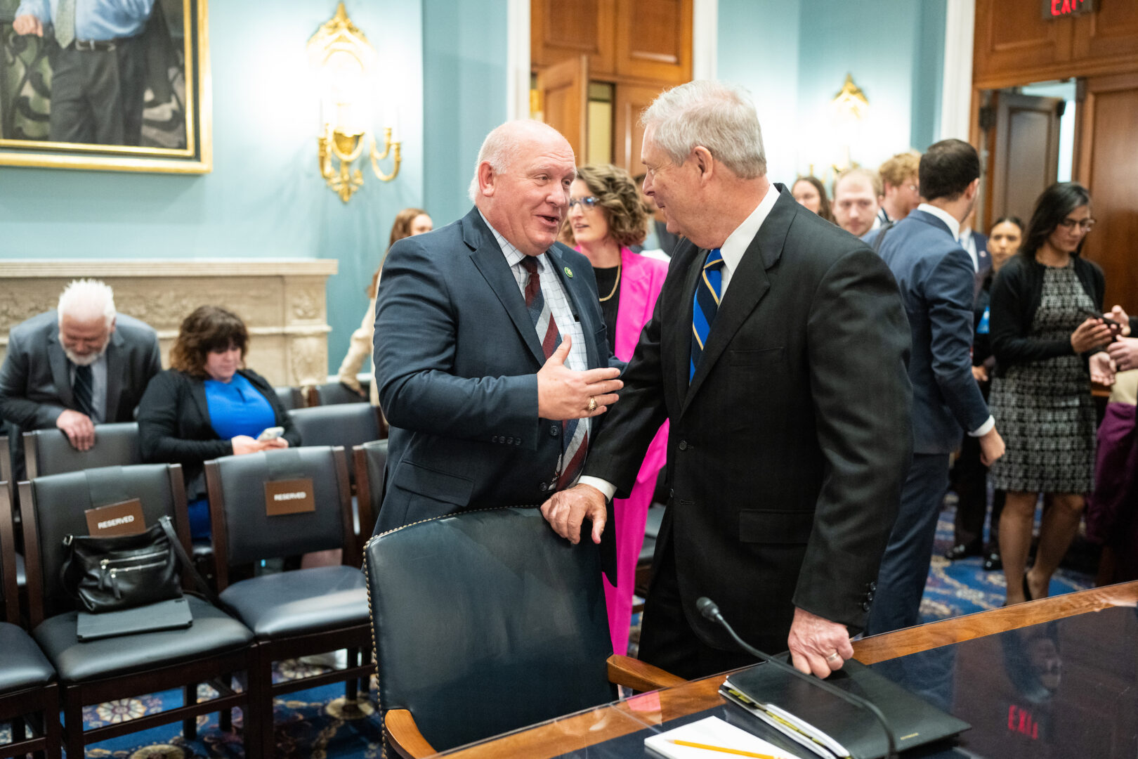 House Agriculture Chairman Glenn Thompson, R-Pa., left, and Agriculture Secretary  Tom Vilsack speak before a committee hearing in March, 2023. 