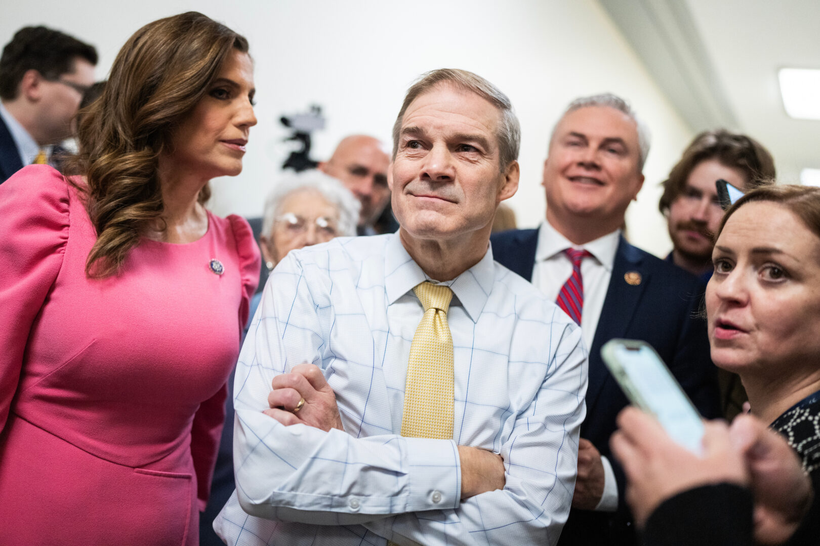 From left, Reps. Nancy Mace, R-S.C., Jim Jordan, R-Ohio, chairman of the House Judiciary Committee, and James Comer, R-Ky., Chairman of the House Oversight and Accountability Committee, prepare for a news conference in December as part of their probe into Hunter Biden. 