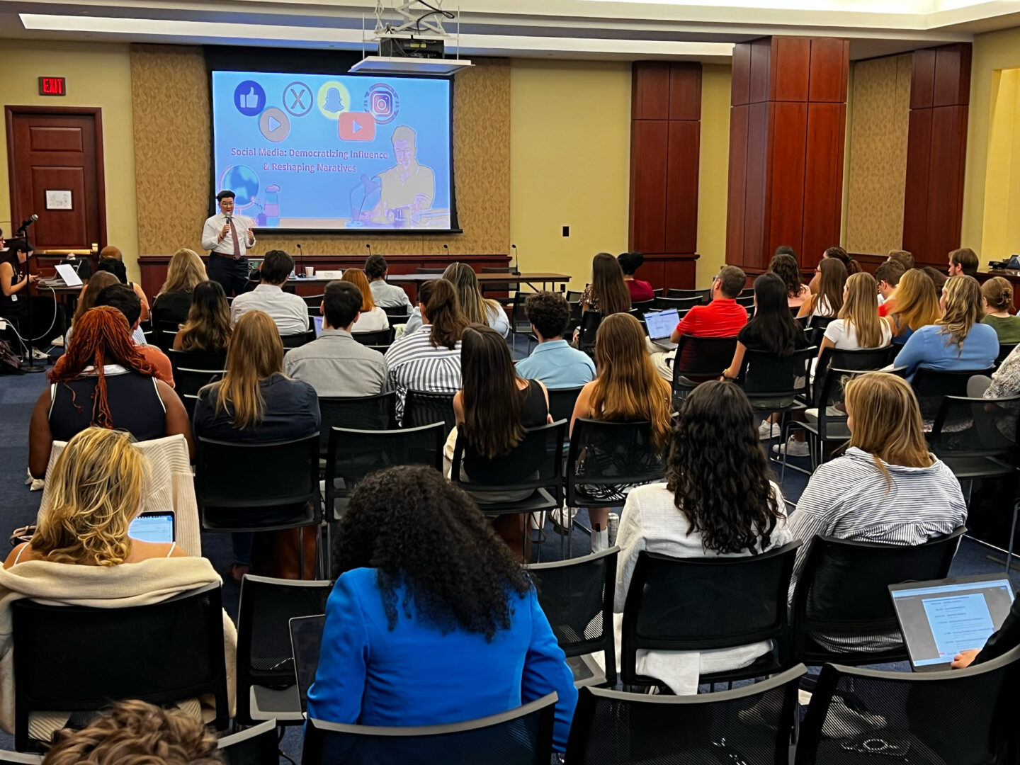 Political influencer V Spehar, creator of "Under the Desk News," speaks at Friday’s conference on Capitol Hill hosted by the Democratic Digital Communications Staff Association.