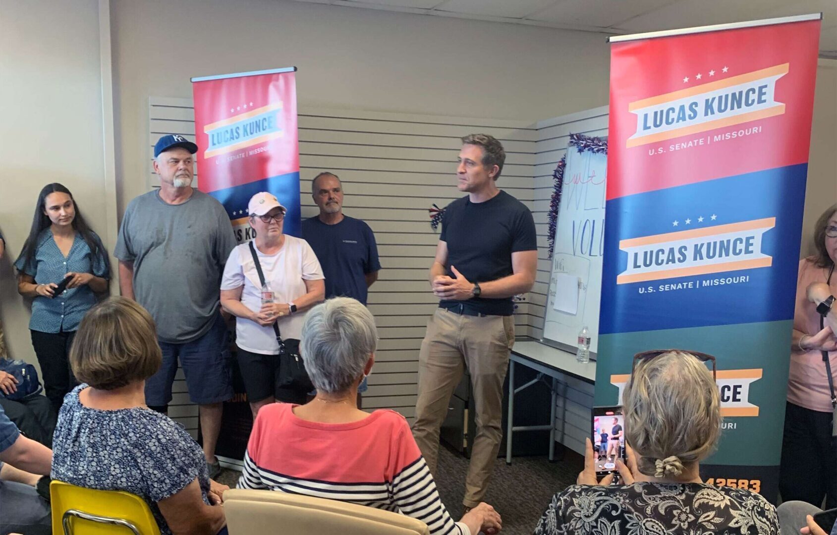 Democrat Lucas Kunce, seen here at a 2022 campaign event, will face Sen. Josh Hawley, R-Mo.