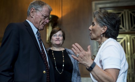 Inhofe and Boxer conferred before an interview with CQ Roll Call about the highway bill. (Bill Clark/CQ Roll Call)