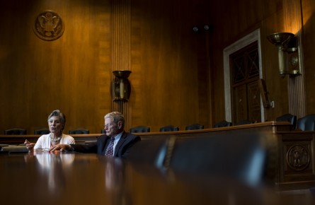 Boxer and Inhofe discussed the highway bill in the Environment and Public Works hearing room. (Bill Clark/CQ Roll Call)