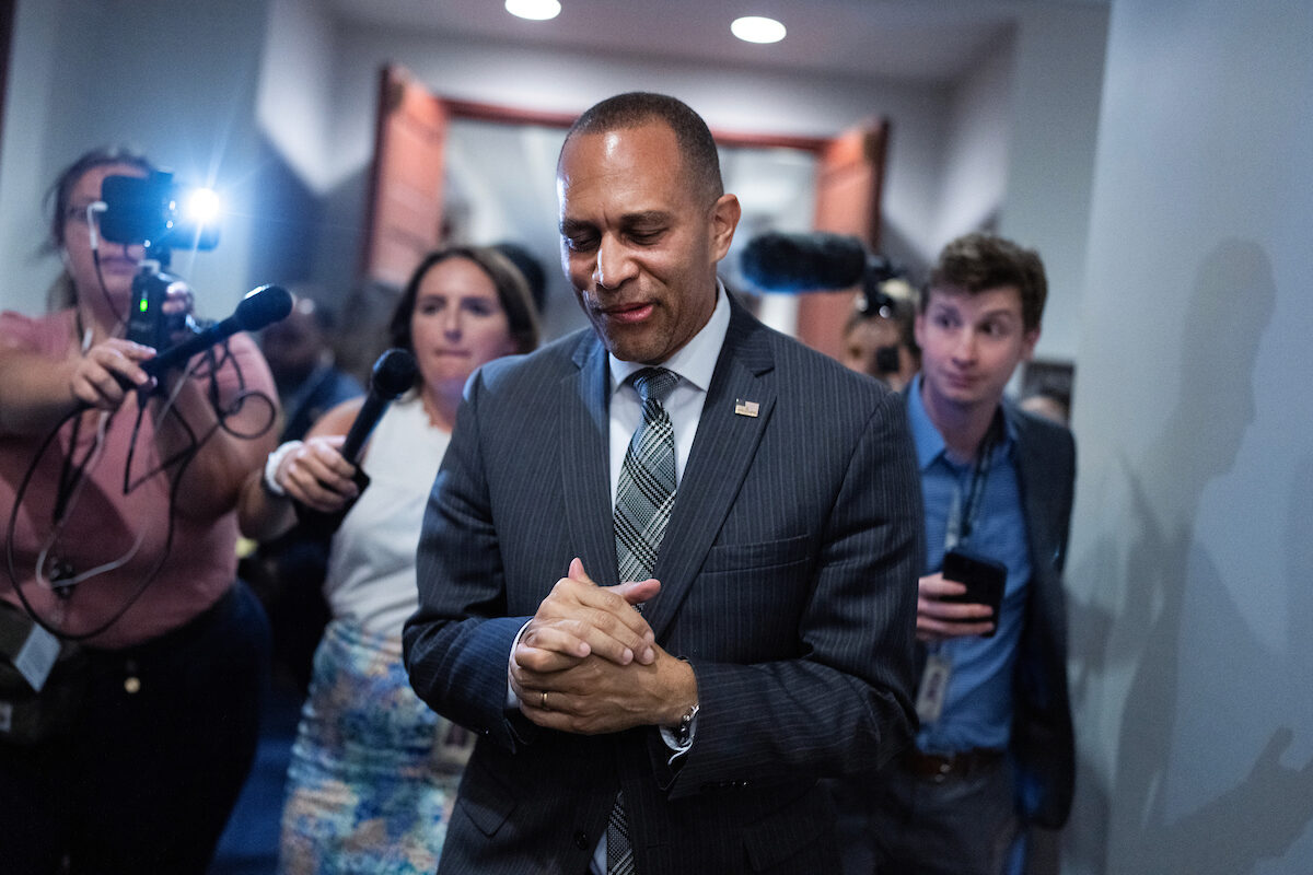 House Minority Leader Hakeem Jeffries makes a statement supporting the candidacy of President Joe Biden on Monday.