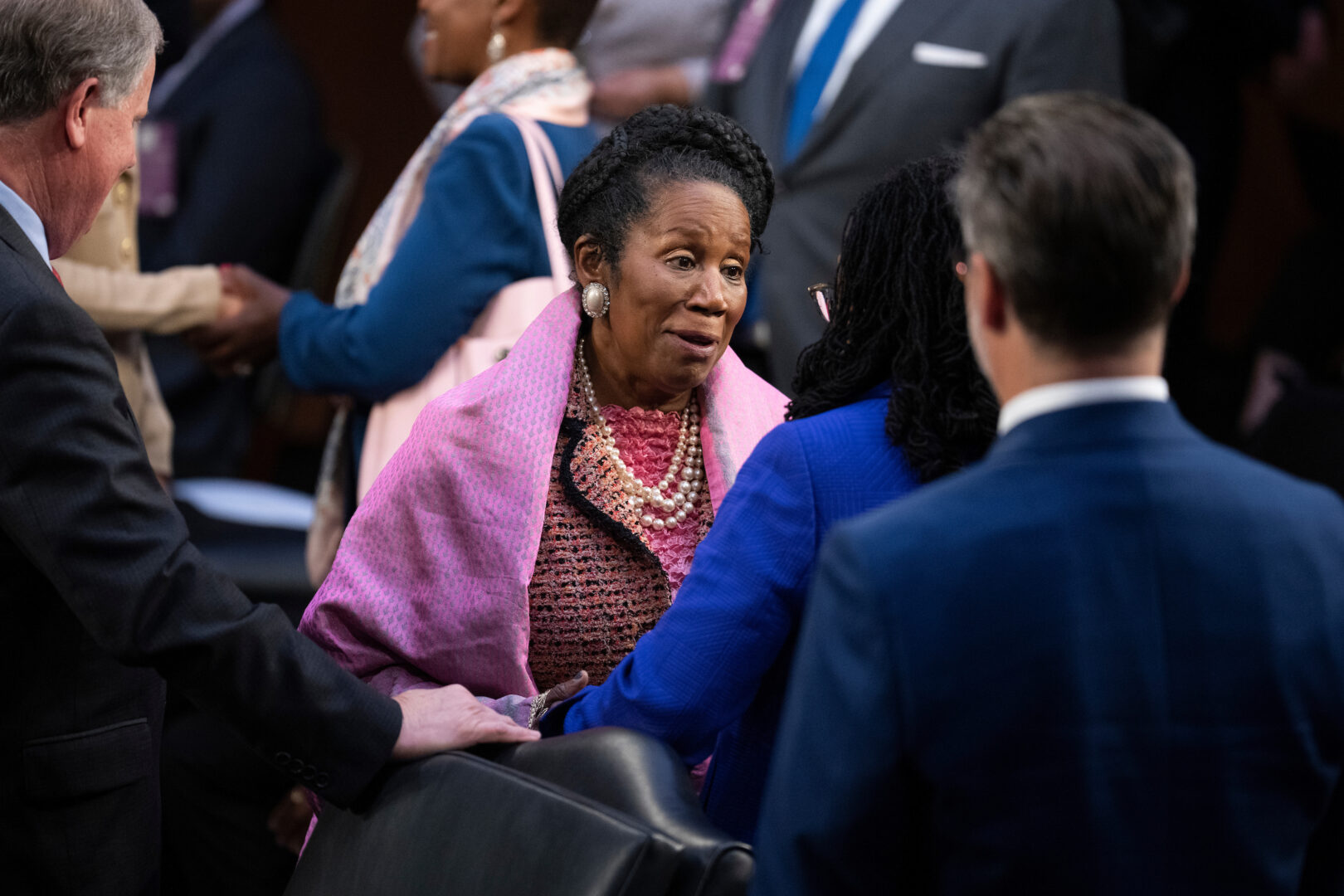 Rep. Sheila Jackson Lee, D-Texas, talks with then-Judge Ketanji Brown Jackson before her Supreme Court confirmation hearing in March 2022. 