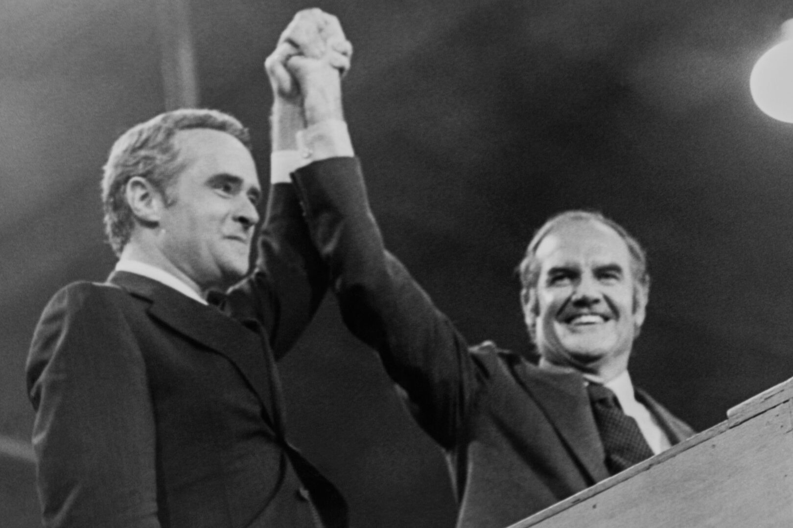 Sens. Thomas Eagleton, D-Mo., left, and George McGovern, D-S.D., the Democratic nominees for vice president and president, respectively, at the Democratic National Convention in 1972. Eagleton dropped off the ticket less than three weeks later after revealing he had been treated for depression. 