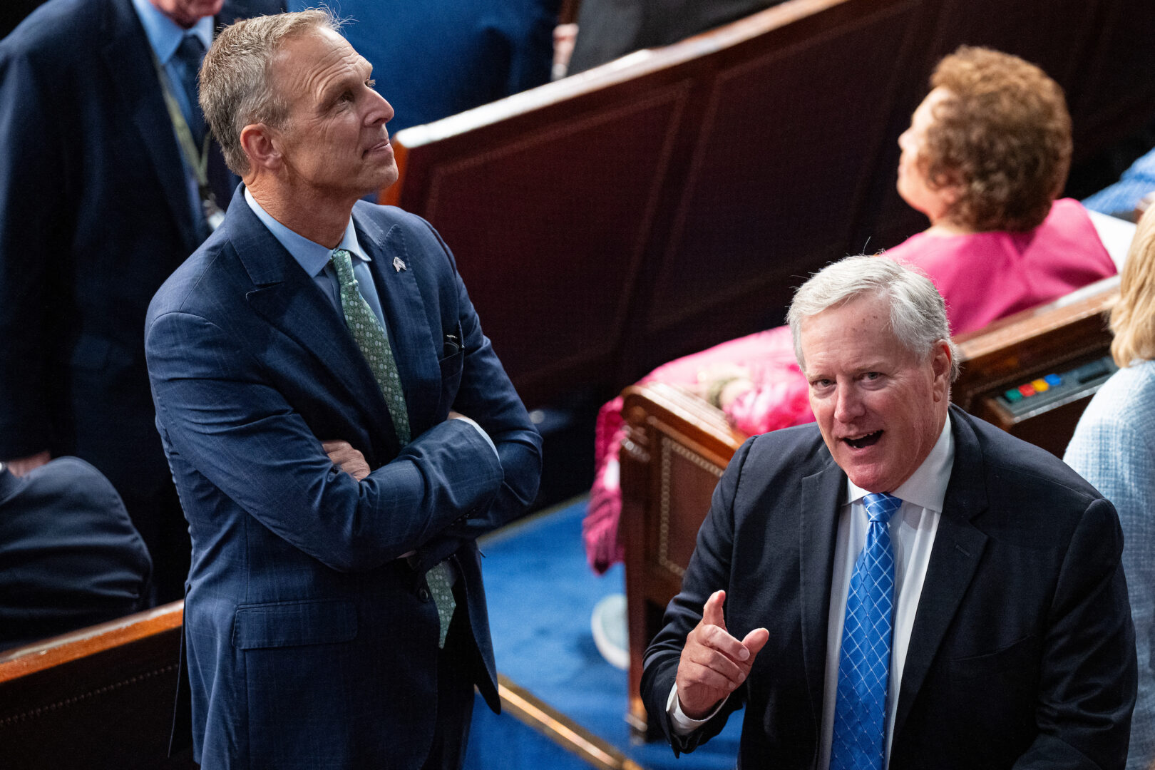 Rep. Scott Perry, R-Pa., left, is seen with former White House Chief of Staff Mark Meadows on the House floor before Israeli Prime Minister Benjamin Netanyahu’s address to a joint meeting of Congress on Wednesday. 