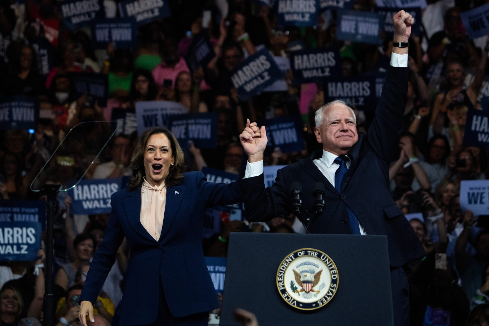 Vice President Kamala Harris, Democratic nominee for president, and her running mate, Minnesota Gov. Tim Walz, address a rally Tuesday at the Liacouras Center in Philadelphia.