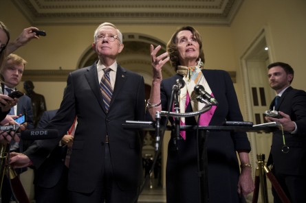 Reid and Pelosi held an impromptu news conference after the House budget vote Wednesday. (Bill Clark/CQ Roll Call)