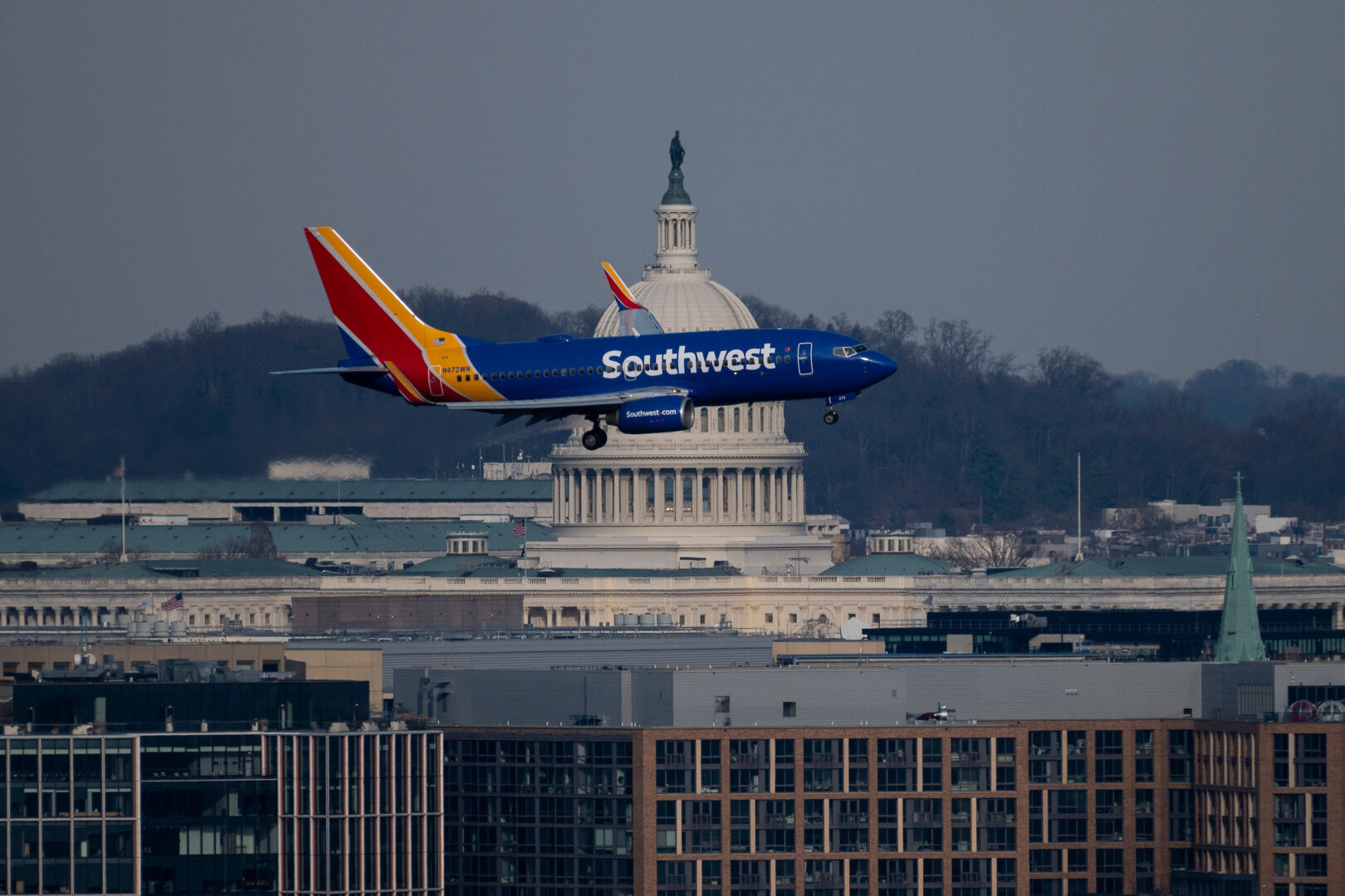 An Southwest Airlines  plane passes the Capitol dome before landing at Washington Reagan National Airport on Feb. 9.  