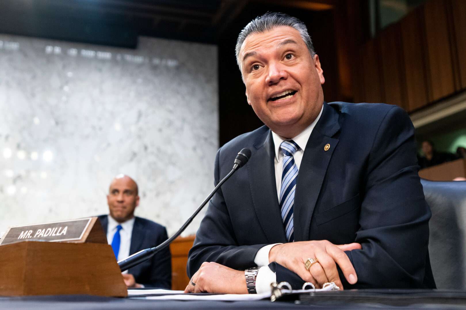 Sen. Alex Padilla, seen here at a hearing last year, worked for Dianne Feinstein as a field representative in the mid-1990s.