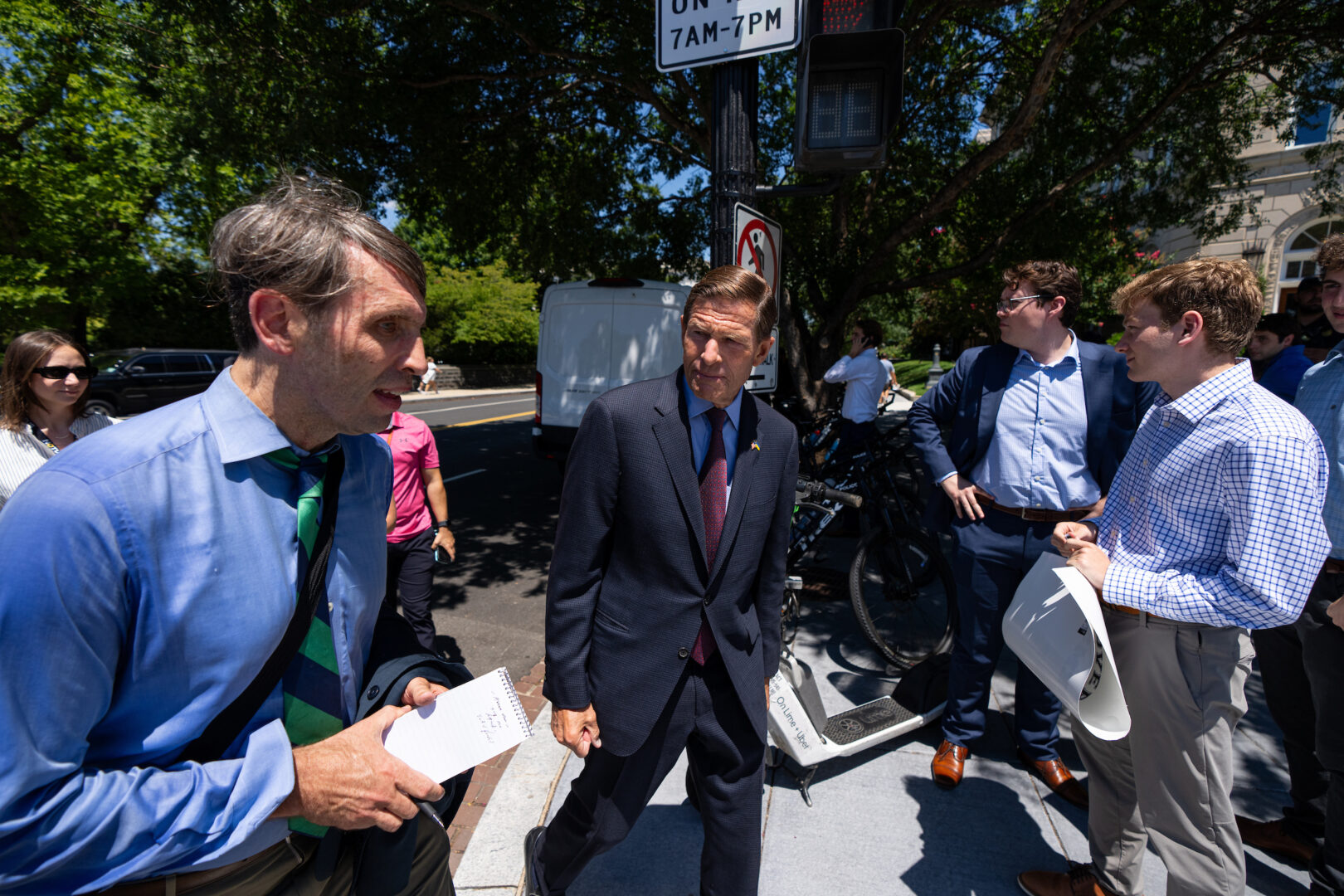 Sen. Richard Blumenthal, D-Conn., walks to the Democratic Senatorial Campaign Committee office in Washington for a meeting with Biden campaign officials on Thursday.