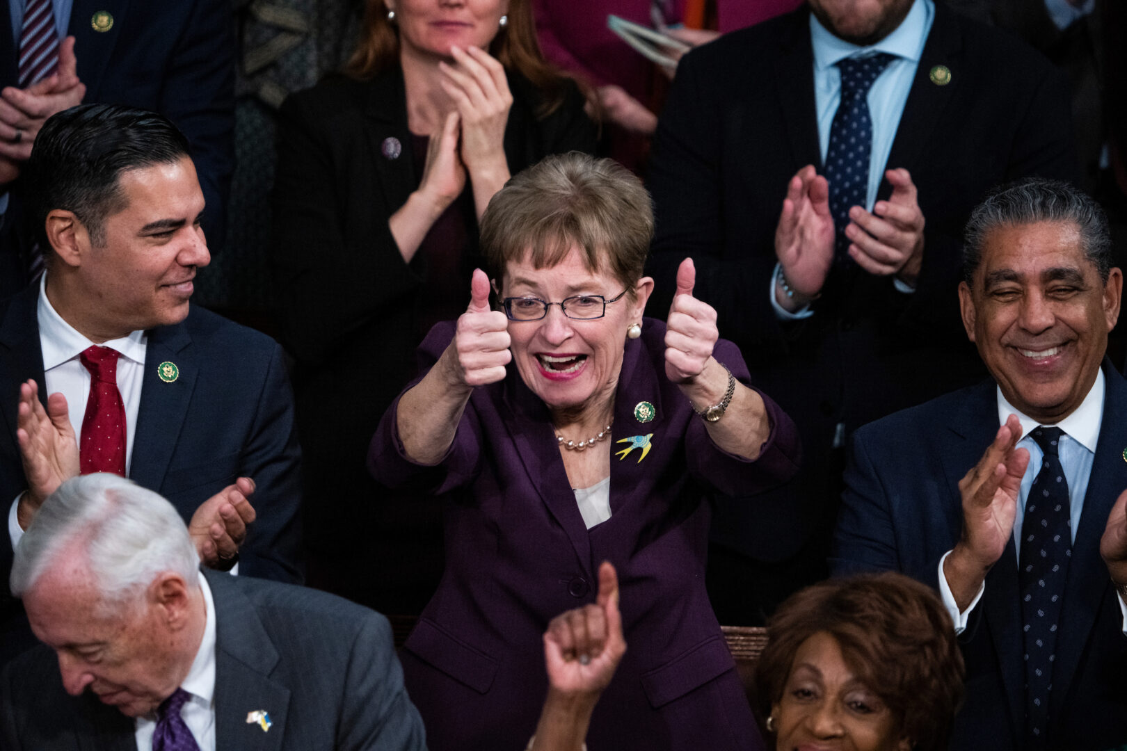 Rep. Marcy Kaptur, an Ohio Democrat in a competitive race in November, cheers during President Joe Biden’s State of the Union address in the House chamber on Feb. 7, 2023. 