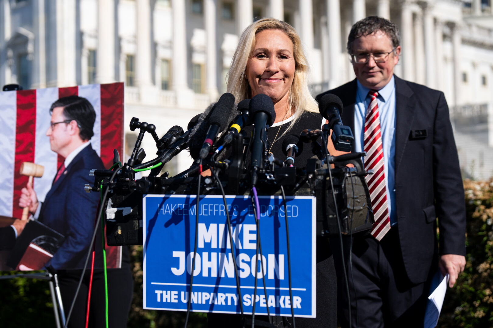 Reps. Marjorie Taylor Greene and Thomas Massie sound off on Speaker Mike Johnson in a May 1 news conference. They got the attention they wanted, Shapiro writes.  