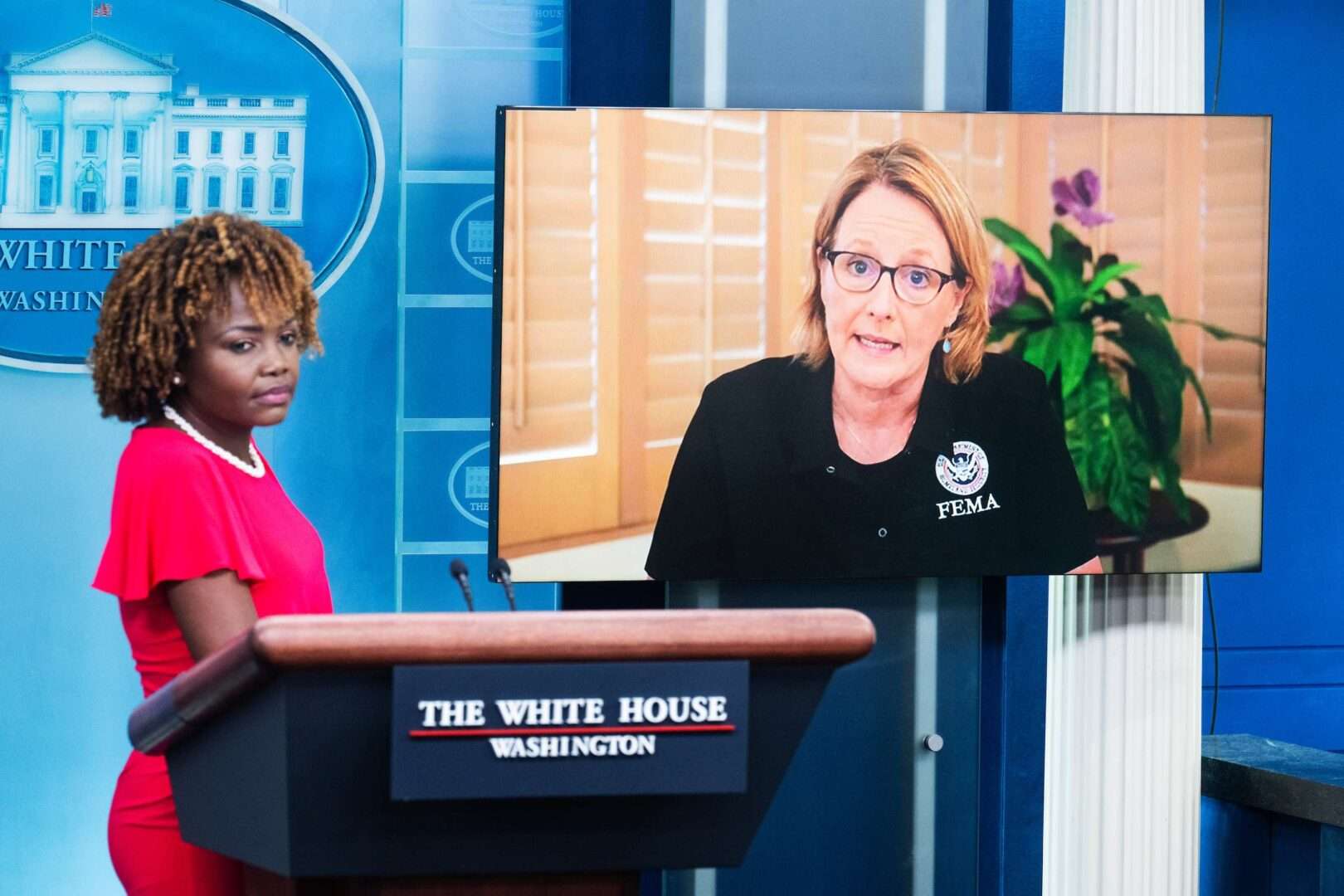 FEMA Administrator Deanne Criswell, right, and White House Press Secretary Karine Jean-Pierre take questions on the Maui wildfires during the White House press briefing on Aug. 14.